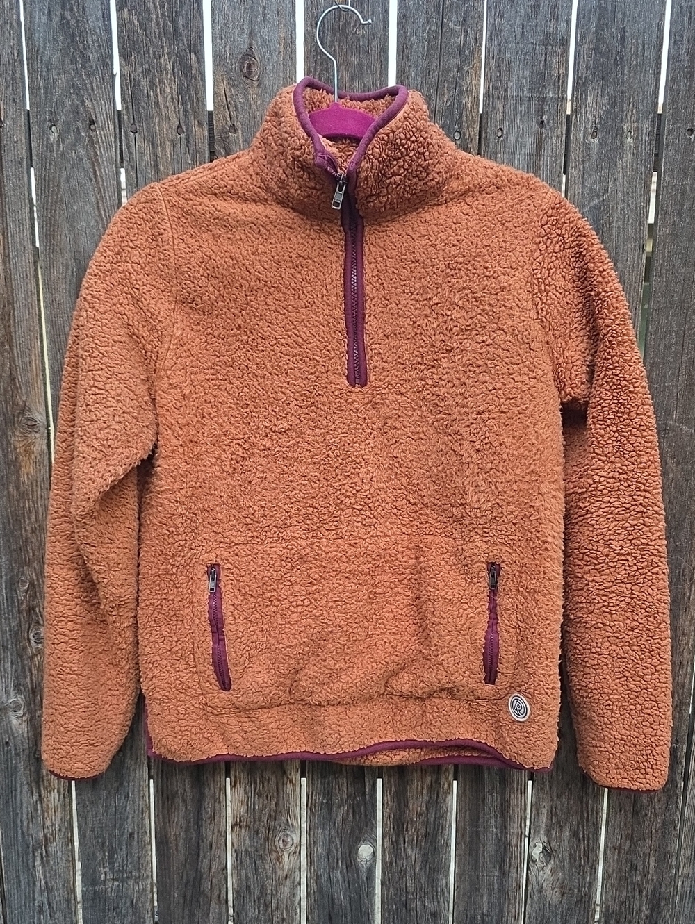 RE-SPUN BY Marine Layer Women's Rust Brown Sherpa Quarter Zip Pullover Plum Trim